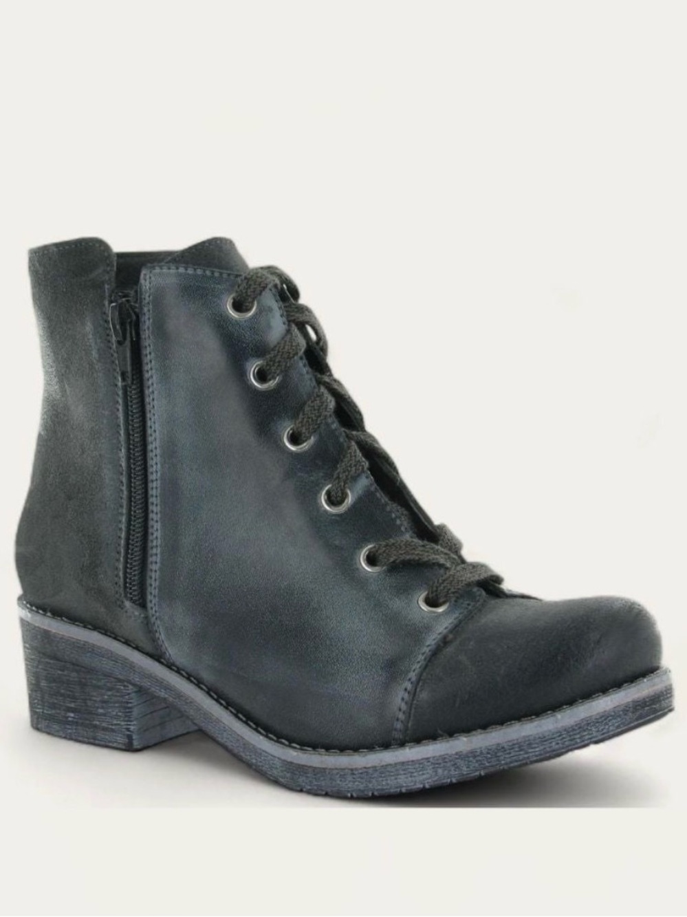 NAOT Leather Groovy Ankle Boot in Oily Midnight and Ash Leather Colorway.